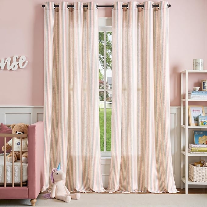 JINCHAN Linen Curtains for Living Room, Candy Striped Curtains 96 inch Length - Image 3