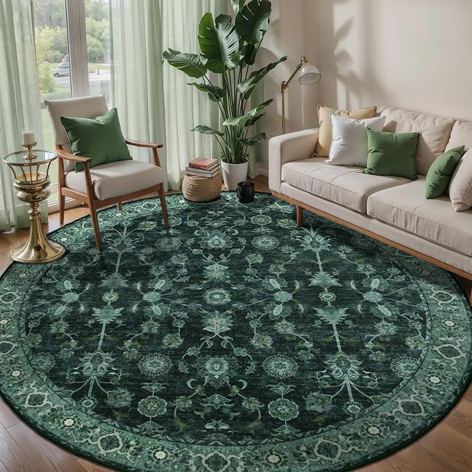Tangsoo Vintage Round Rug 5ft Washable Circle Rug, Non Slip Boho Round Area Rug by Tangsoo