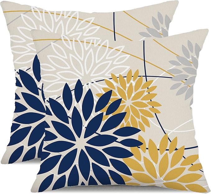 Outdoor Pillow Covers 20x20 Inch Set of 2 Navy Blue Yellow Outdoor Waterproof by DFXSZ