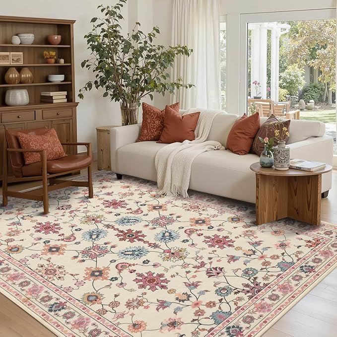 Rugxara Pink Rug for Living Room Bedroom, Floral 5x7 Washable Rug, Vintage Boho - Image 2