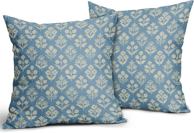 Light Blue Floral Block Print Pillow Covers 18x18 Inch Set of 2, Vintage Flower - Image 2