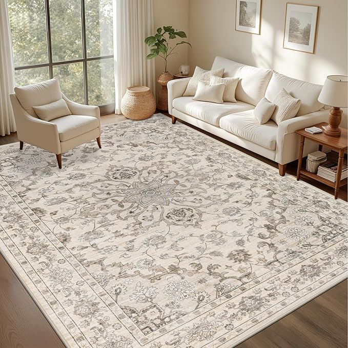 Area Rugs 10x14 Living Room Rug: Washable Rug Soft Vintage Distressed Floral - Image 2