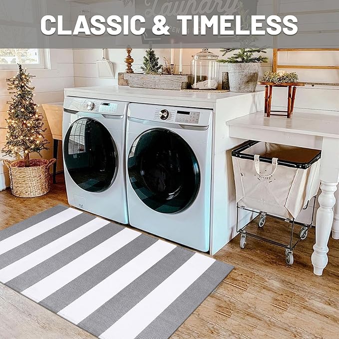 IOHOUZE Grey White Striped Rug -27.5" X 43" Front Door Mats Outdoor, Washable - Image 4