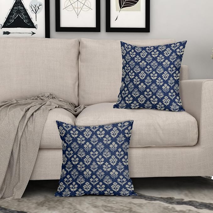 Dark Blue Floral Block Print Pillow Covers 18x18 Inch Set of 2, Vintage Flower - Image 3