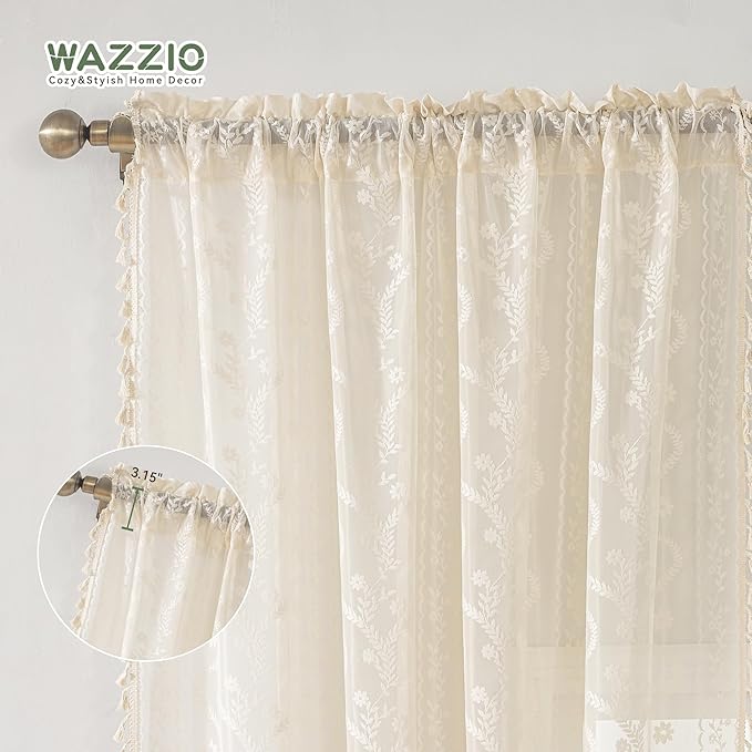WAZZIO Boho Lace Curtains 2 Panels 54 Inches -Cute Vintage Victorian Sheer - Image 6