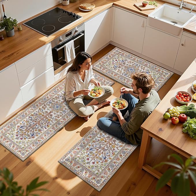 HEBE Boho Kitchen Rugs Sets of 3 Non Slip Washable Farmhouse Kitchen Rugs and - Image 2