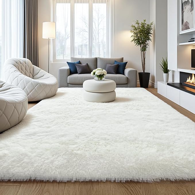 Fluffy 9x12 Large Area Rugs for Bedroom Living Room, Cream White Soft Washable by KICHOWUA