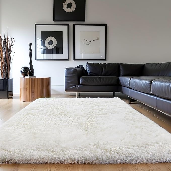 KICHOWUA Thick Area Rug 6x9 Cream White Fluffy Shag - Image 9