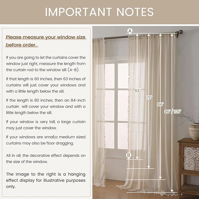 WAZZIO Boho Lace Curtains 80 Inches 2 Panel, Light Filtering Privacy Tassel & - Image 9