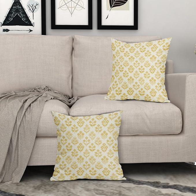 Yellow Floral Pillow Covers 16x16 Inch Set of 2, Vintage Flower Block Print - Image 3