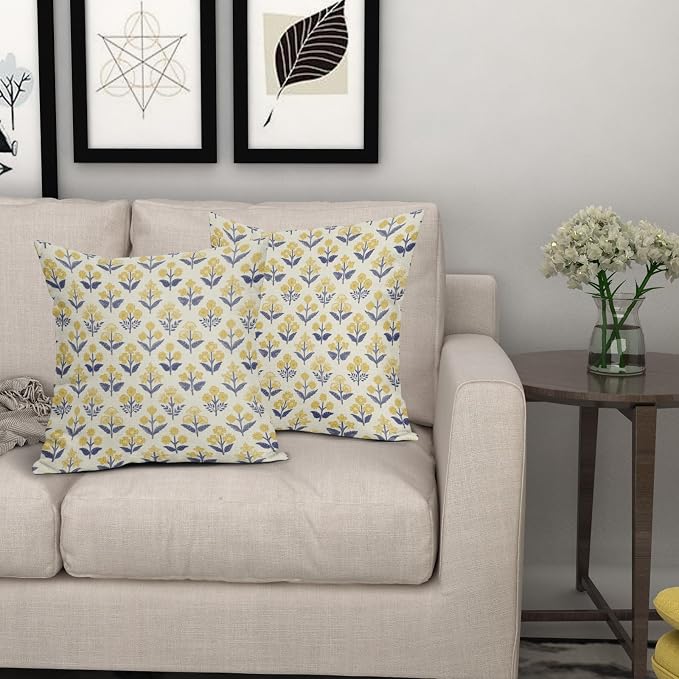 Navy Blue Yellow Floral Pillow Covers 22x22 Inch Set of 2, Vintage Flower Block - Image 7