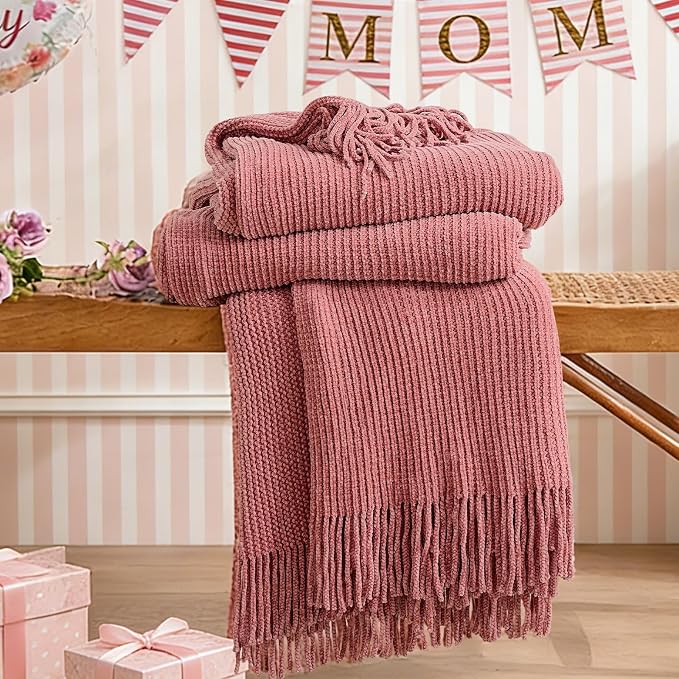 inhand Coral Pink Chunky Chenille Throw Blanket - Image 2