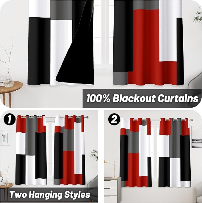 Tyrot Red Black 100% Blackout Curtains 45 inch Length 2 Panels Set White Grey - Image 2