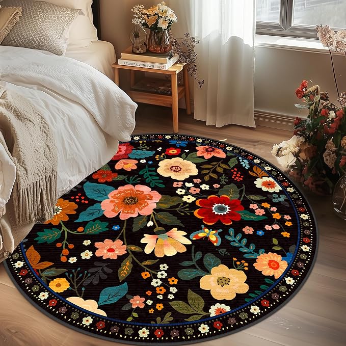 RELEANY Floral Nursery 4ft Area Rugs Washable Print Boho Cute Carpet Non Slip by RELEANY