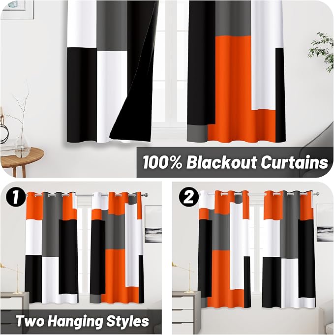 Tyrot Orange 100% Blackout Curtains 45 inch Length 2 Panels Set White Grey - Image 2