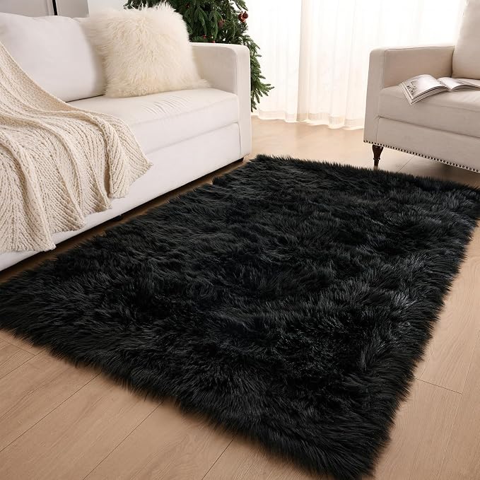 Fluffy Faux Fur Rug Black Sheepskin Area Rug, 4x6 Ft Ultra Soft Shaggy Plush Rug - Image 2