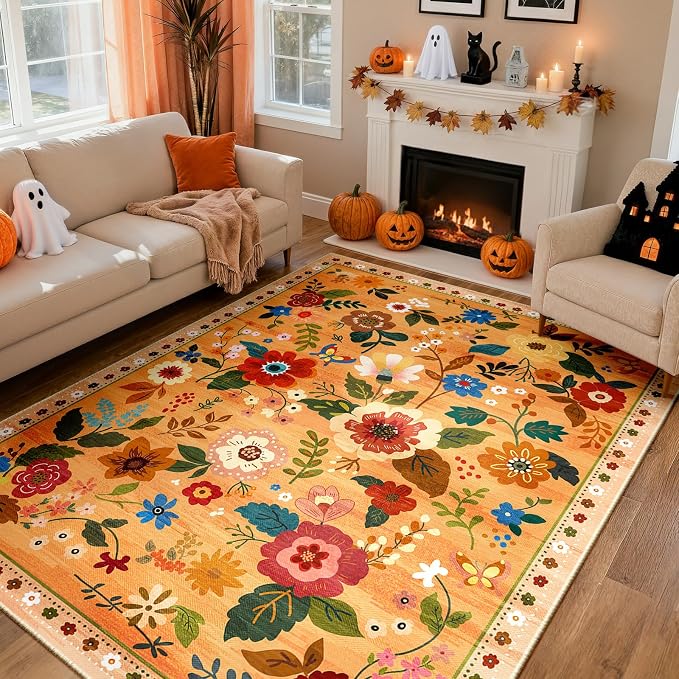RELEANY Floral Nursery 9x12 Area Rugs Washable Print Boho Cute Carpet Non Slip by RELEANY