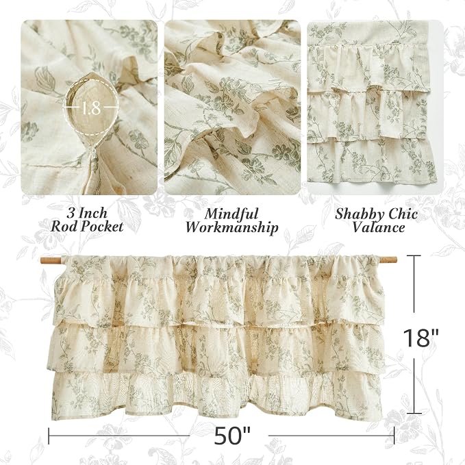 jinchan Ruffled Floral Valance Curtain Shabbychic Linen Window Valance 18 Inch - Image 5