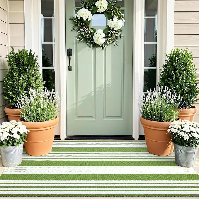 OLANLY Green and White Classic Striped Rug 2' x 3' – Washable Cotton Indoor - Image 7