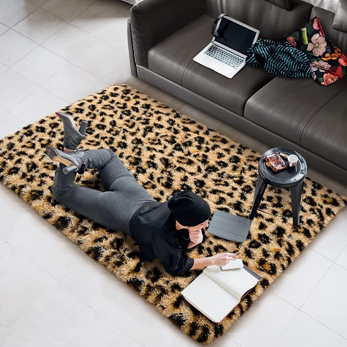 Amearea Fluffy Leopard Rug, Premium Cheetah Print Rugs, Soft Comfy Faux Fur - Image 7
