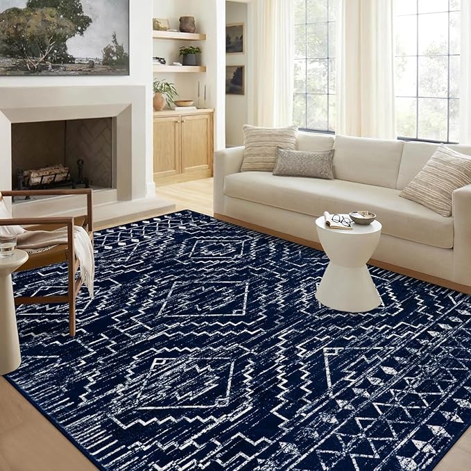 Wonnitar Moroccan Washable 9x12 Rug, Large Blue Rugs by Wonnitar
