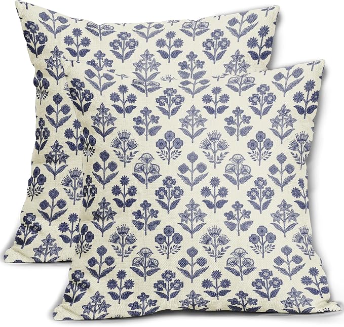 Navy Blue Floral Pillow Covers 24x24 Inch Set of 2, Vintage Flower Block Print by Sivirary