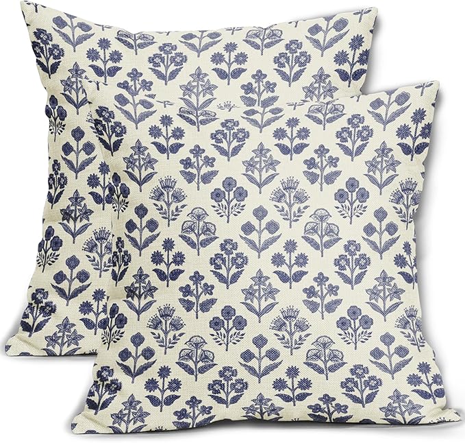 Navy Blue Floral Pillow Covers 16x16 Inch Set of 2, Vintage Flower Block Print by Sivirary