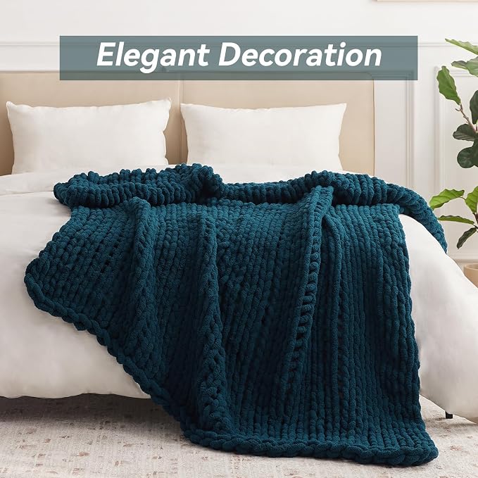 Negwoo Chunky Knit Throw Blanket, Handmade Peacock Blue Crochet Big Thick - Image 3