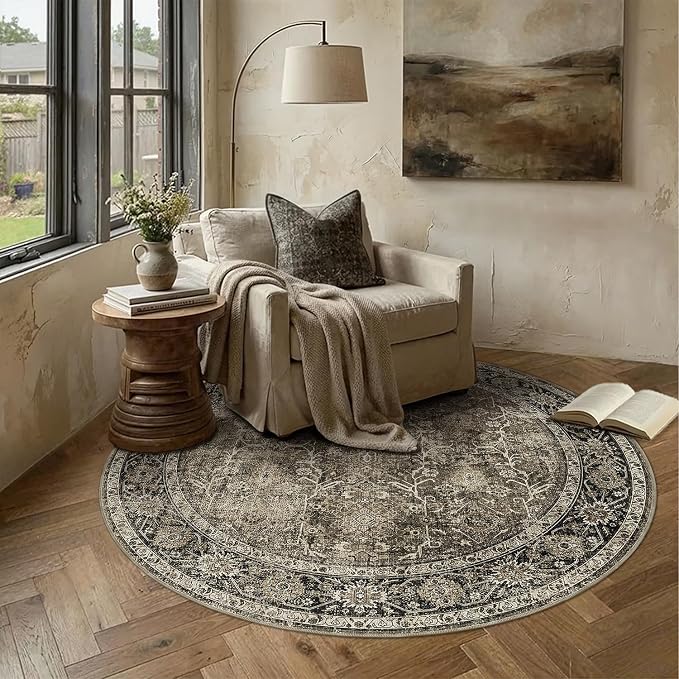 PureCozy Brown Round Area Rug 5ft Washable 5x5 Circle Vintage Low Pile Indoor by PureCozy