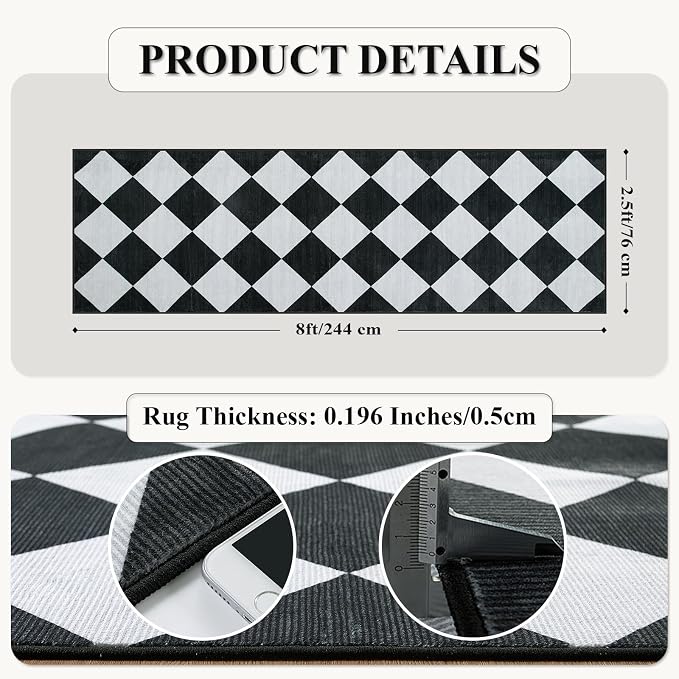 Beeiva Checkered Print Runners for Hallways 2.5x8, Ultra Thin Black Kitchen - Image 2