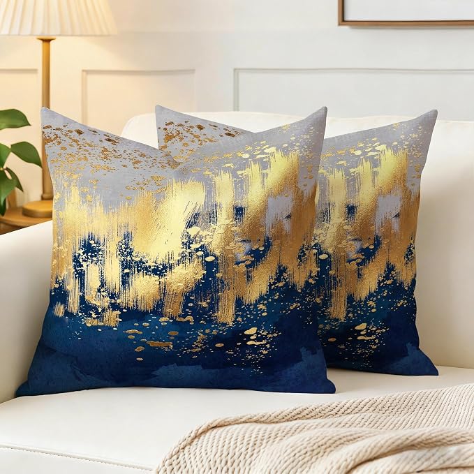 Navy Blue and Gold Pillow Covers 18 x 18 inch Set of 2 Decorative Cushion - Image 3