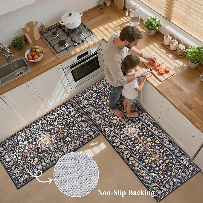 HEBE Boho Kitchen Rugs Sets of 3 Non Slip Washable Farmhouse Kitchen Rugs and - Image 4