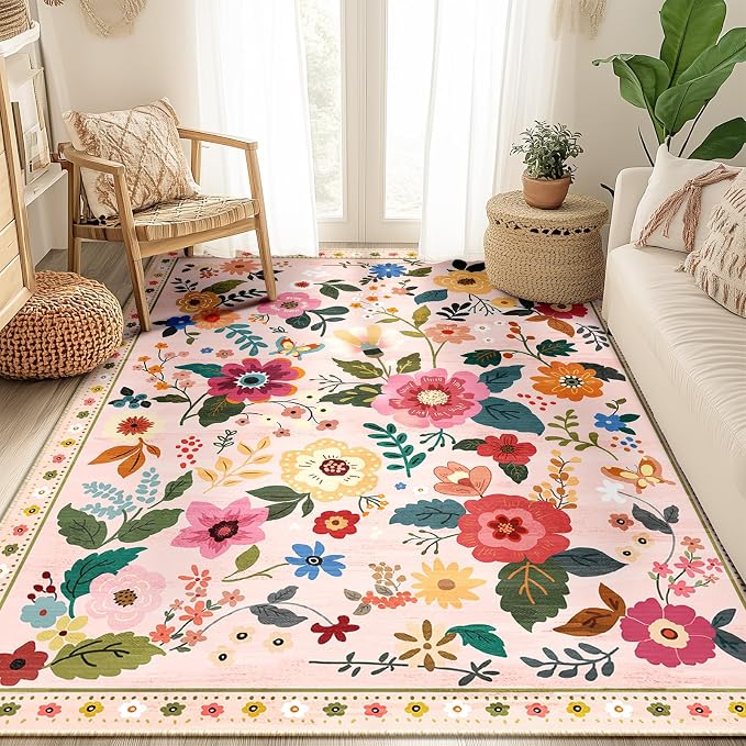 RELEANY Floral 5x7 Area Rug Machine Washable Soft Print Boho Carpet Non Slip - Image 8