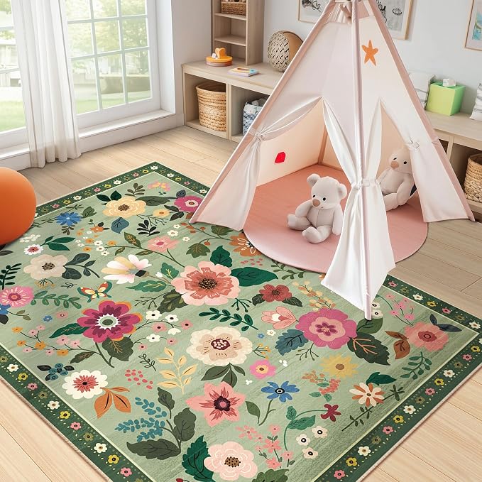 RELEANY Floral Nursery 3x5 Area Rugs Washable Print Boho Cute Carpet Non Slip - Image 9