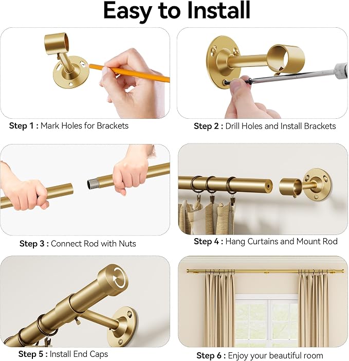 YaFex Heavy Duty Curtain Rods 32-90 Inch, 1 Inch Adjustable Gold Curtain Rod - Image 8