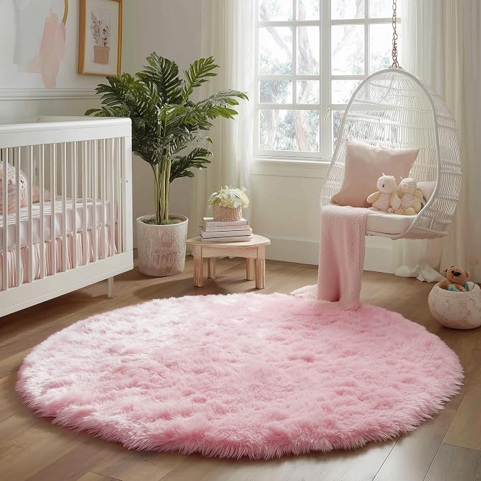 Pink Round Area Rugs 6Ft for Bedroom Living Room, Big Fluffy Shag Circle Rug - Image 7