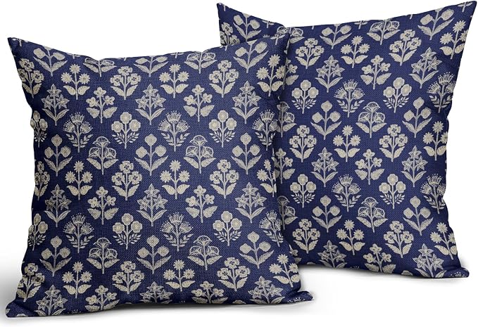 Navy Blue Floral Block Print Pillow Covers 20x20 Inch Set of 2, Vintage Flower - Image 2