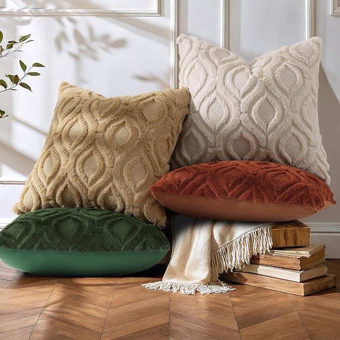decorUhome Throw Pillow Covers 24x24 Inch Set of 2, Soft Plush Faux Wool Khaki - Image 3