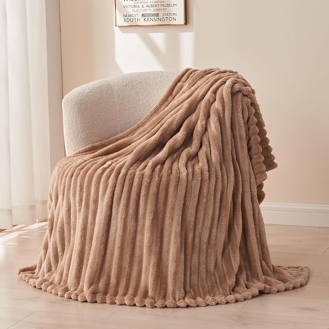 NEWCOSPLAY Super Soft King Blanket Taupe Premium Silky Flannel Fleece 3D Ribbed - Image 9
