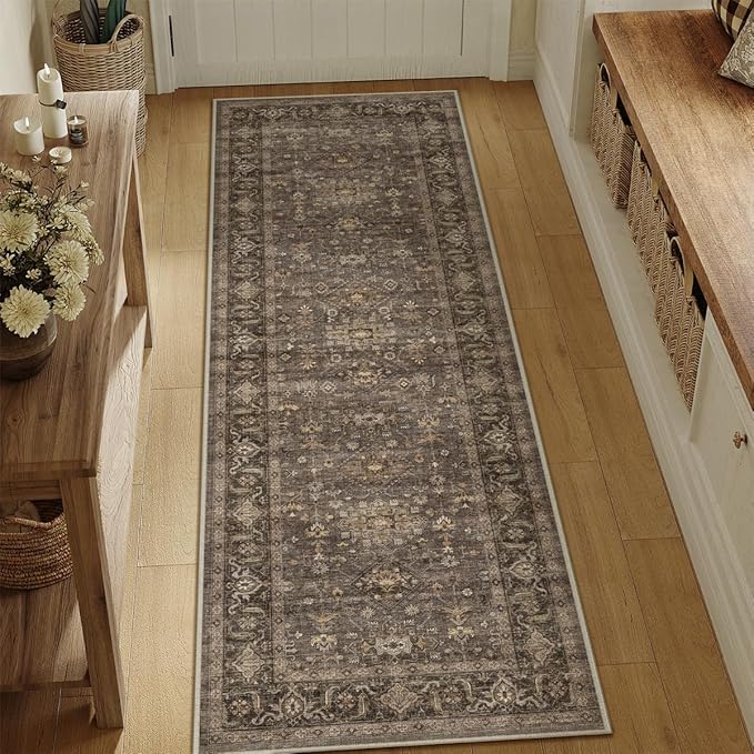 2'6x12 Washable Runner Rug for Hallway Kitchen Vintage Brown Non Slip Low Pile - Image 3