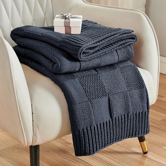 CozeCube Check Knit Throw Blanket, Midnight Navy Checkered Throw by CozeCube