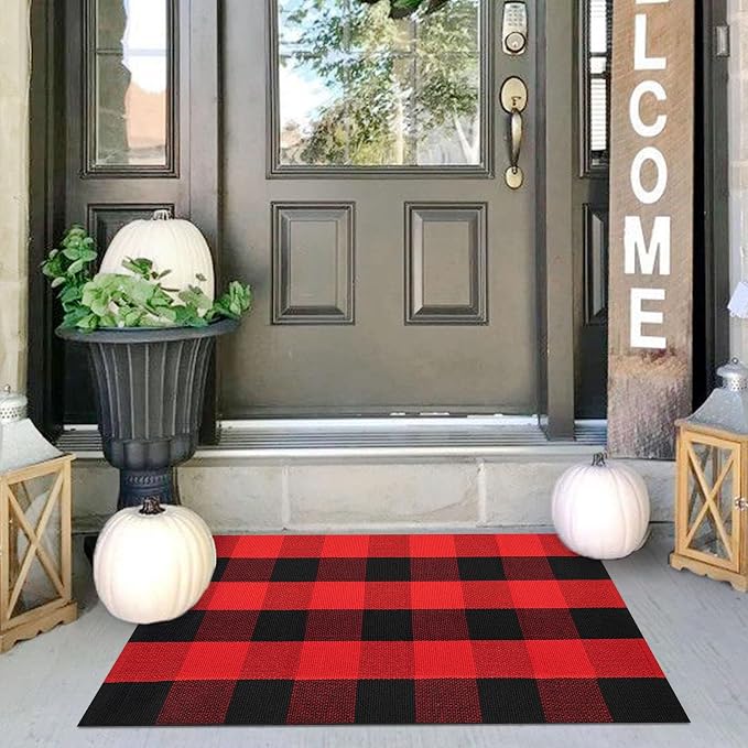 IOHOUZE Christmas Buffalo Plaid Rug 2x3 Ft Outdoor Indoor Doormat Red Black by iOhouze