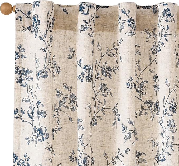 Lazzzy Blue Floral Linen Curtains 90 Inch Farmhouse Back Tab Drapes by Lazzzy