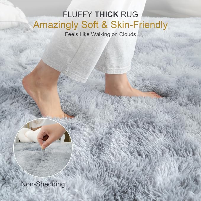 KICHOWUA Thick Area Rug Light Grey Fluffy Shag 3x5 - Image 2