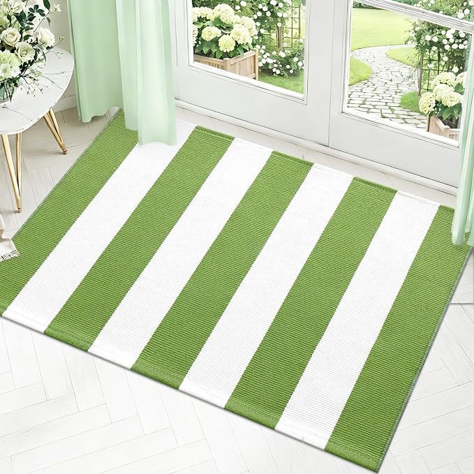 OLANLY Green and White Striped Rug 2'4" x 3'7" – Washable Cotton Indoor Outdoor - Image 3