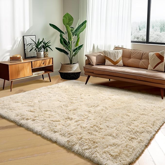 Amdrebio Beige Area Rugs for Bedroom Living Room, 5x8 Fluffy Plush Shag Furry - Image 7