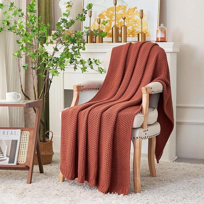 Chunky Cable Knit Throw Blanket Lightweight Rust 100% Organic Cotton Blanket - Image 3