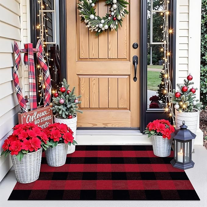 OLANLY Buffalo Plaid Rug 2'4" x 3'7" – Red and Black Cotton Checkered Doormat by OLANLY