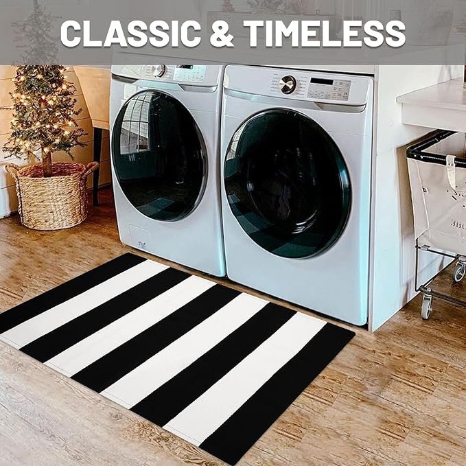 IOHOUZE Black White Striped Rug -24" x36“ Front Door Mats Outdoor, Washable Rug - Image 4