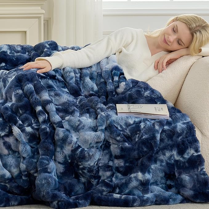 Cozy Bliss Deluxe Striped Rabbit Faux Fur Throw Blanket, Soft Fluffy Warm Plush - Image 8